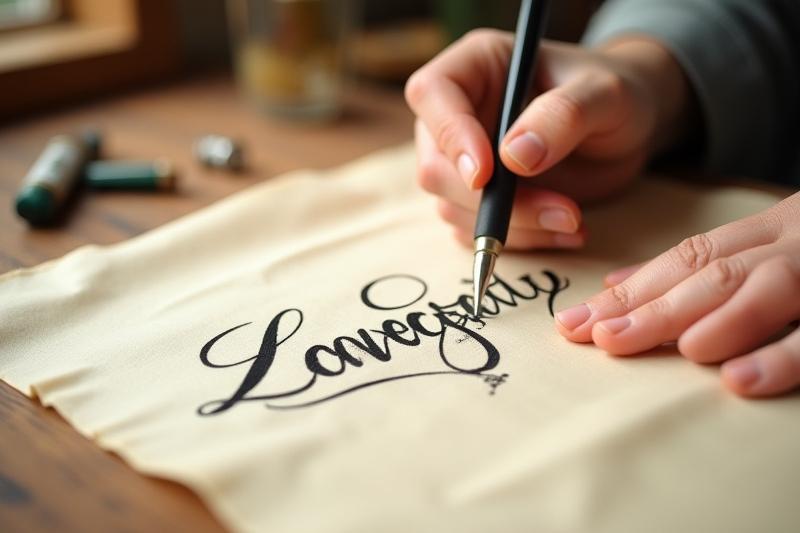 Ein Kalligraph, der kunstvolle Schriftzeichen auf Seide entwirft, mit Feder und Tinte