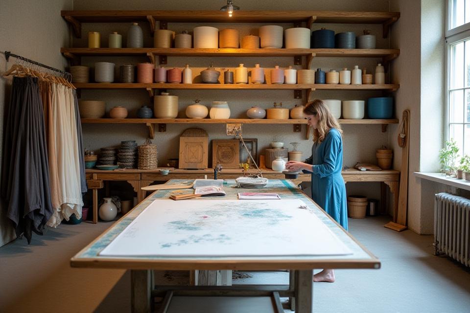 Blick in die Wiener Seide Manufaktur, helle und ruhige Atmosphäre mit Seidenrollen und Kalligraphiewerkzeugen